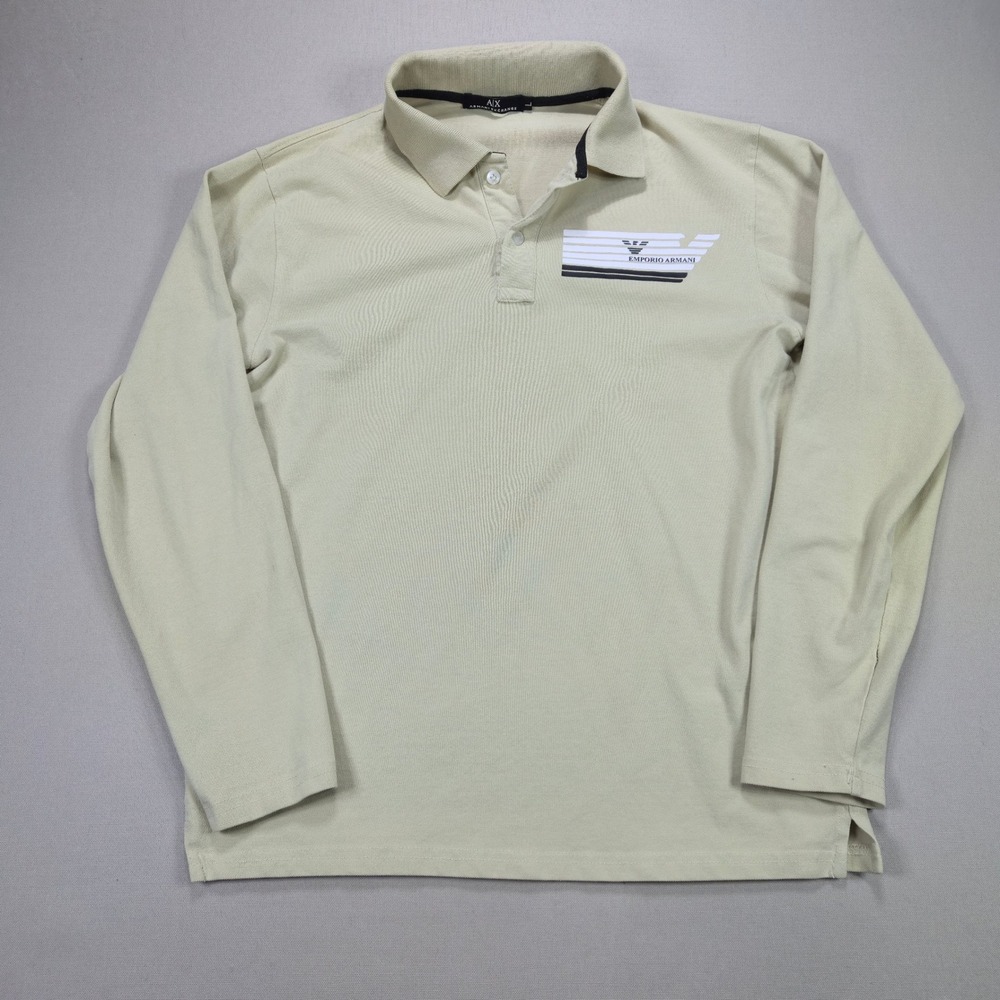 Armani Exchange Polo Shirt Graphic Logo Pique Beige Mens‎ Large L Long Sleeve